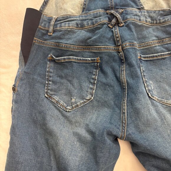 Indigo Blue Womens Distressed Navy Denim Overalls Size L Stretchy Side Panels - Picture 13 of 13